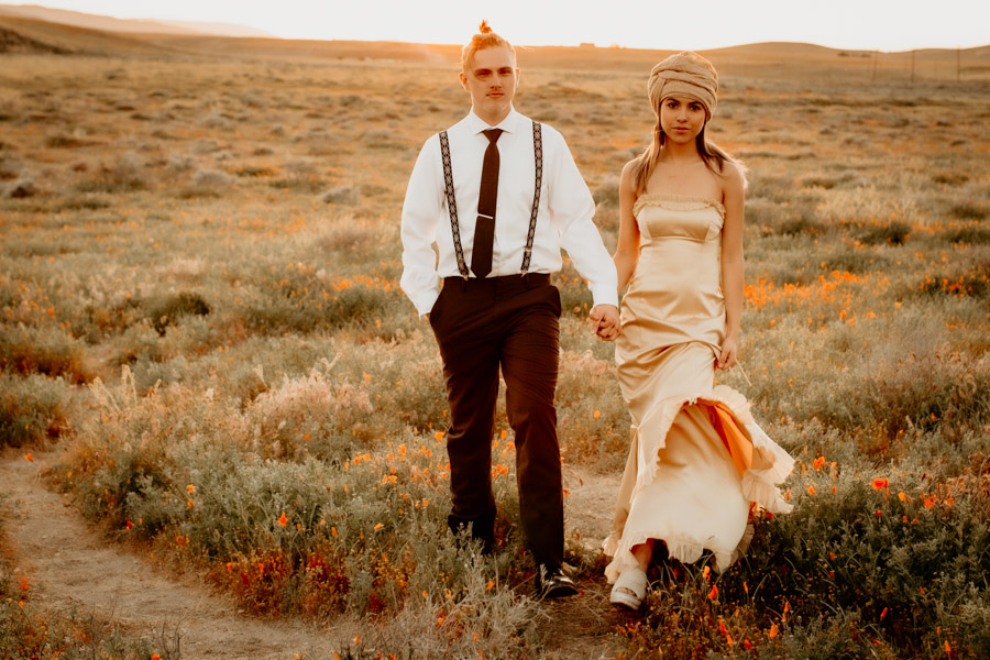 couple, young love, boy and girl, poppy fields, golden hour, elopement