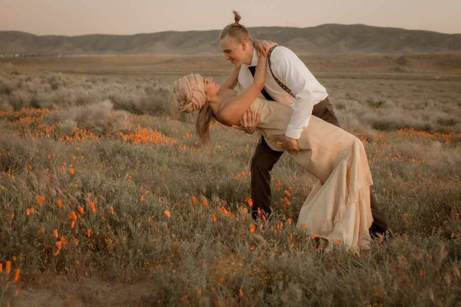 couple, young love, boy and girl, poppy fields, golden hour, elopement